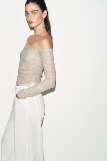 Zara OFF-SHOULDER KNIT TOP - Sand / Marl