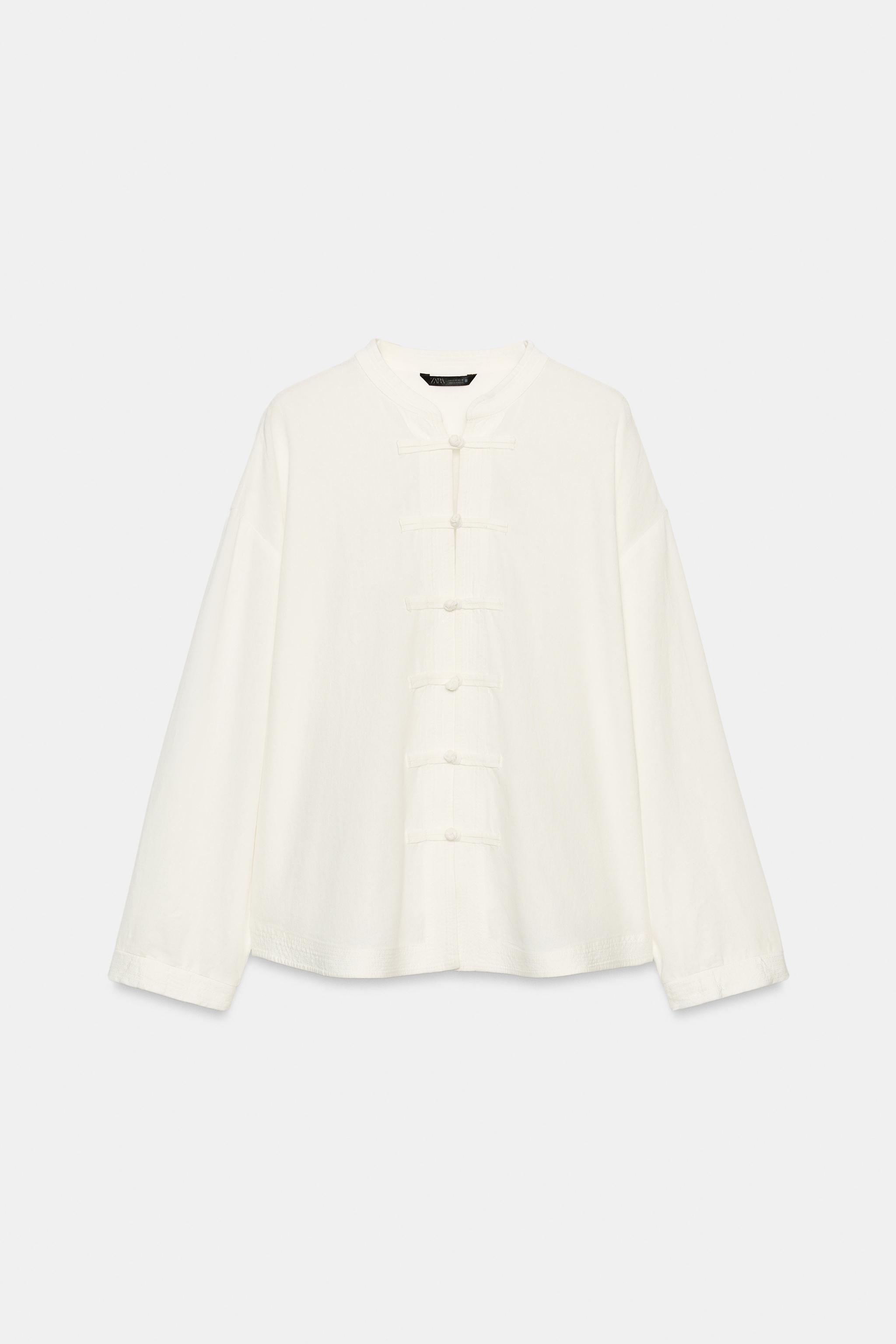 Женские рубашки Zara LINEN OVERSIZED SHIRT WITH FROG FASTENING — фото 8