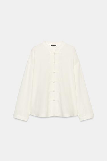 Zara LINEN OVERSIZED SHIRT WITH FROG FASTENING - White