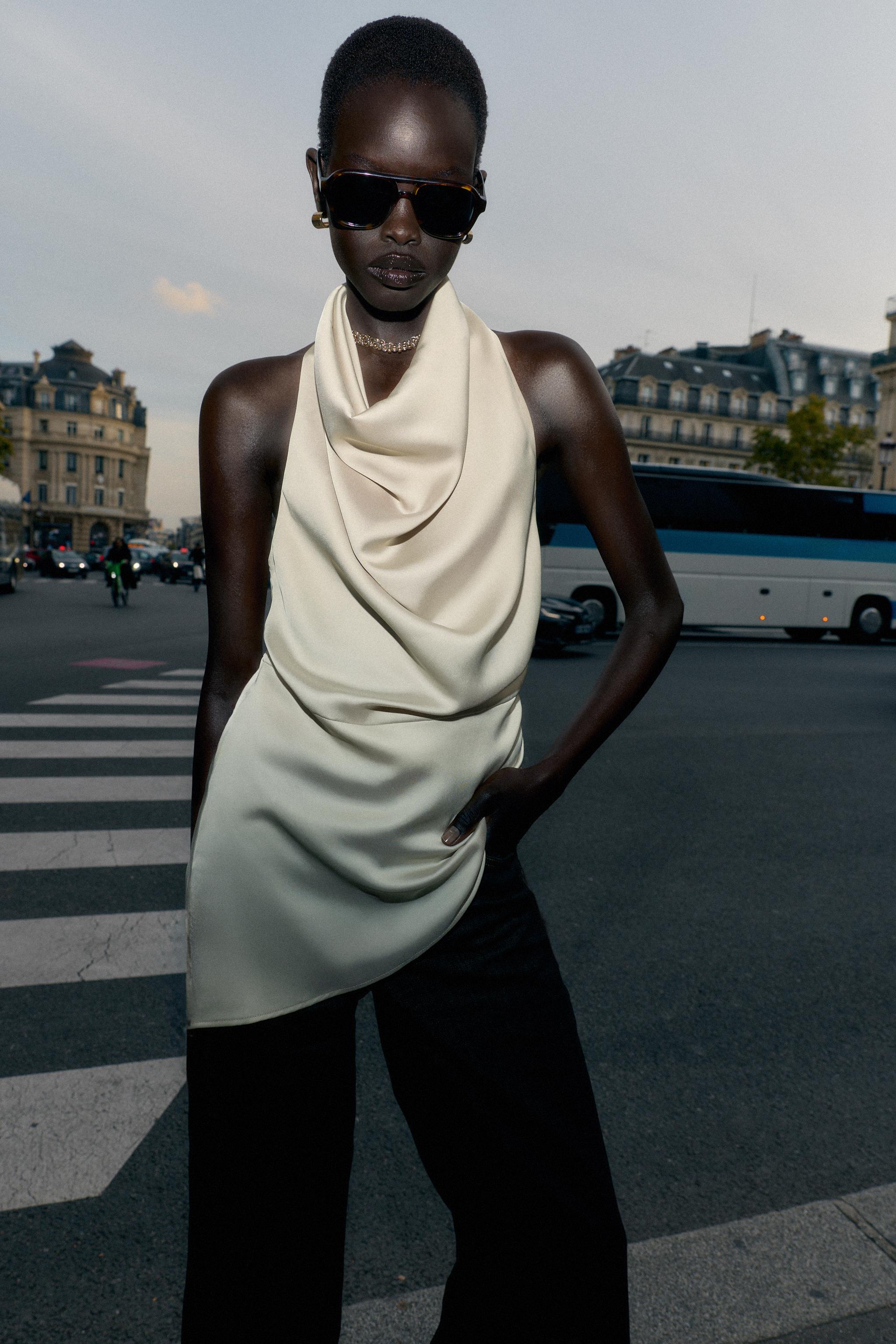 ASYMMETRIC SATIN EFFECT HALTER TOP - Soft gold | ZARA United States