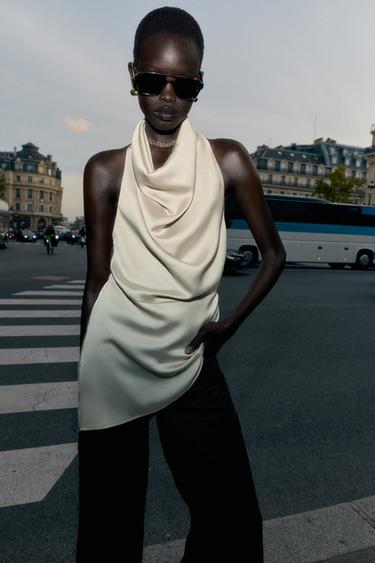 ASYMMETRIC SATIN HALTER TOP - Cava by Zara