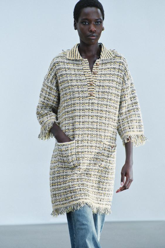 ROBE EN MAILLE STRUCTURÉE EFFRANGÉE - Jaune de Zara - Image 1