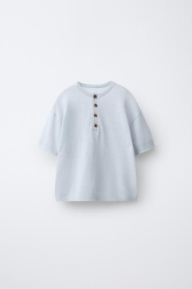 KNIT HENLEY T-SHIRT WITH LINEN AND COTTON - White / Sky blue by Zara