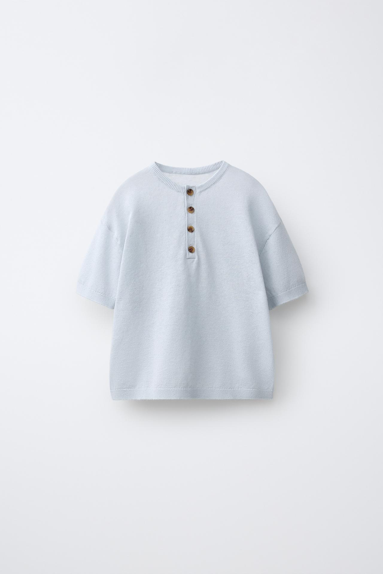 KNIT HENLEY SHIRT WITH LINEN AND COTTON — White / Sky blue