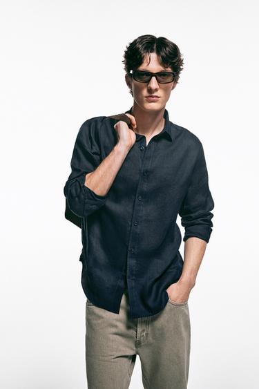 Zara Slim fit 100% linen shirt - Navy blue
