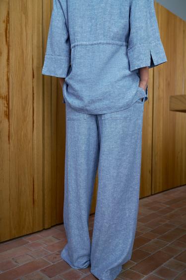 PANTALON LARGE À PINCES AVEC LIN - Bleu clair de Zara - Image 2