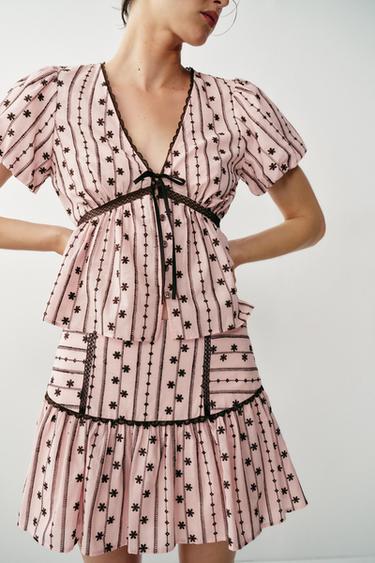 Zara EMBROIDERED TIE TOP - Pink