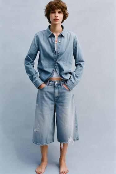 RIPPED BAGGY DENIM JORTS - Light blue by Zara - Image 0