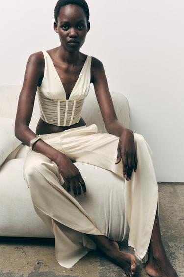 TOP CORSÈ SATINATO COMBINATO - Écru di Zara