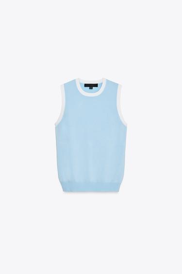 Zara SLEEVELESS KNIT TOP - Blue / White