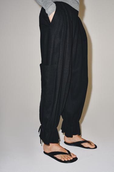 Zara ZW COLLECTION DRAWSTRING PARACHUTE PANTS - Black