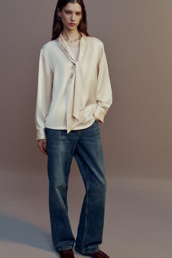 SATIN SCARF BLOUSE - Oyster-white by Zara - Image 0