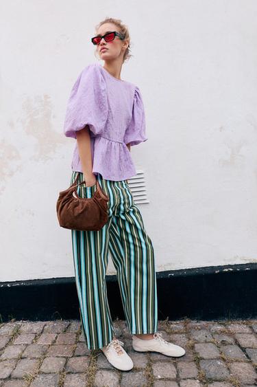 BLUSA RAYAS MANGA ABULLONADA LAZO - Rosa / Lila de Zara - Imagen 0