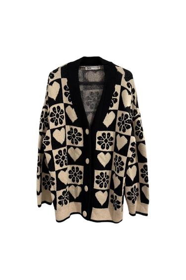 ZARA CHECKERED KNIT JACQUARD CARDIGAN HEART FLORAL PATTERN SIZE L