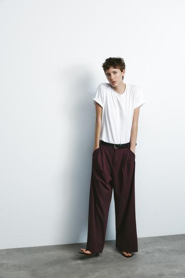 Zara DOUBLE PLEAT BELTED PANTS - Burgundy - Image 0