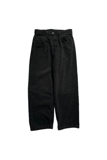 Black straight-leg denim pants with five pockets and button closure, on a white background.