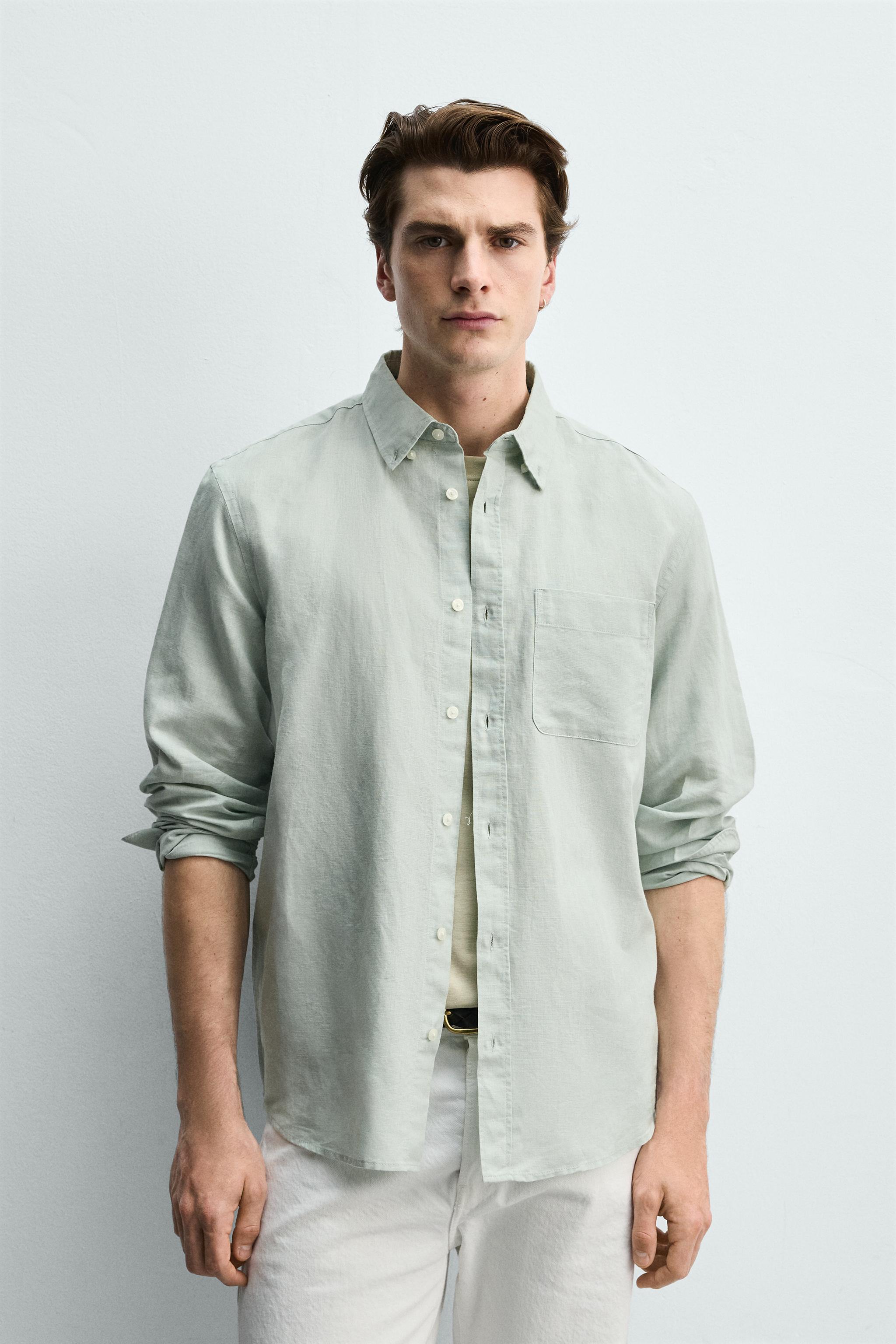 LINEN COTTON BLEND REGULAR FIT SHIRT — Sea green (alternate view)