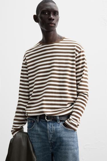 Zara STRIPED T-SHIRT - Brown / Ecru