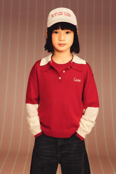 KNIT POLO SHIRT WITH DOUBLE COLLAR AND SLEEVES - Red by Zara