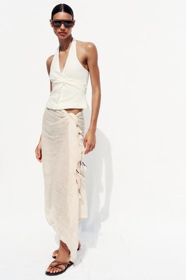 PAÑUELO CON LINO POMPONES - Crudo de Zara