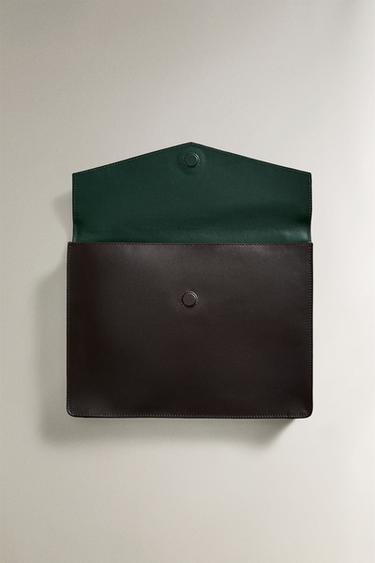 Zara LEATHER DOCUMENT CLUTCH - Brown / Green