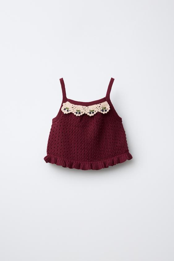 TOP DE TRICÔ COM DETALHE EM CROCHÊ - Bordô da Zara - Imagem 0