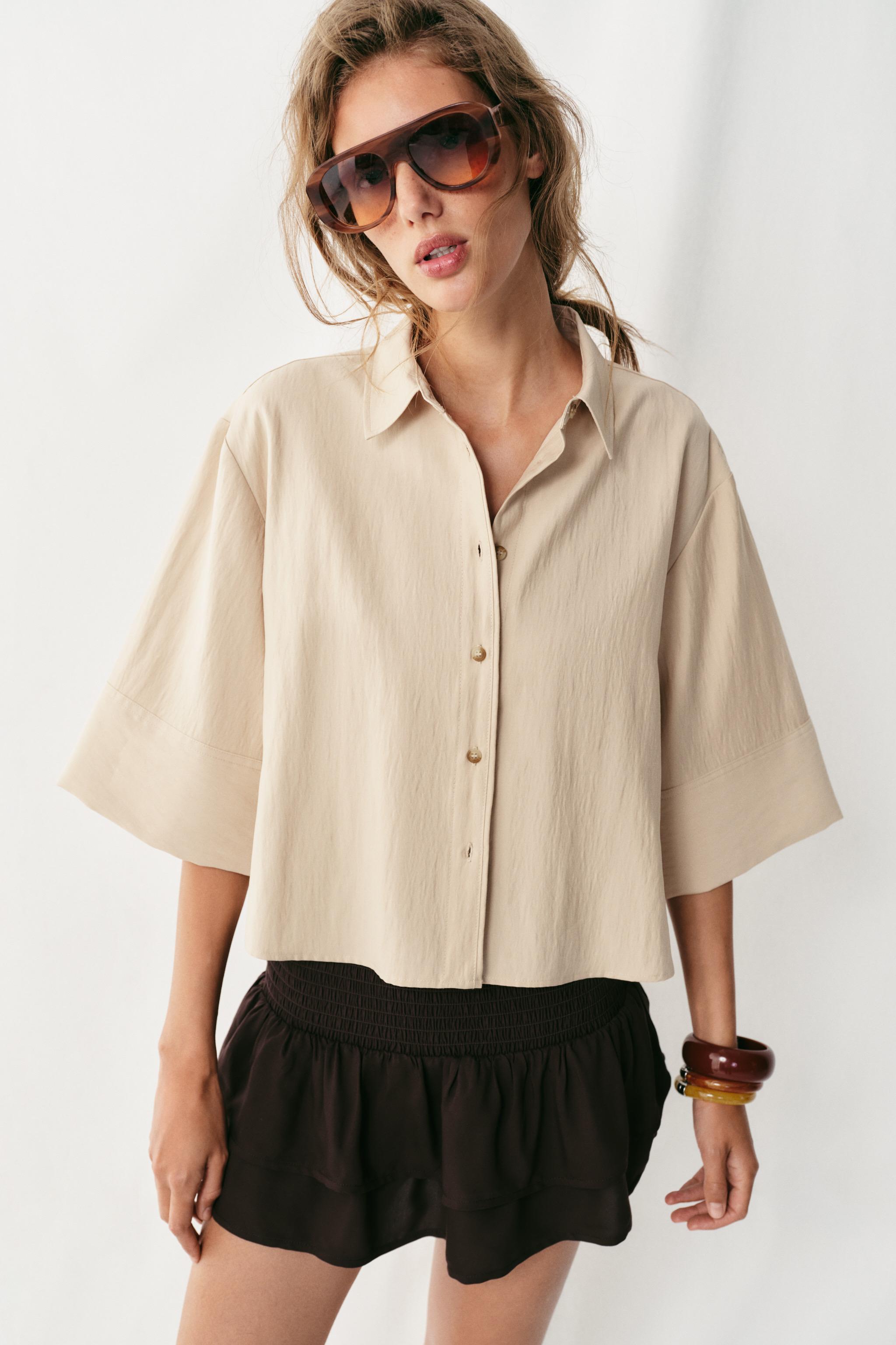 CROPPED WIDE SLEEVE SHIRT — Beige