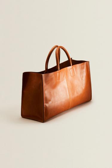 LEATHER TOTE BAG - Brown by Zara - Image 1