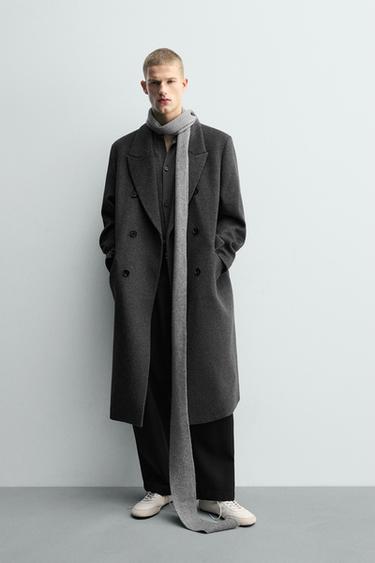 Zara 羊毛混紡雙排扣大衣 - 斑紋灰色