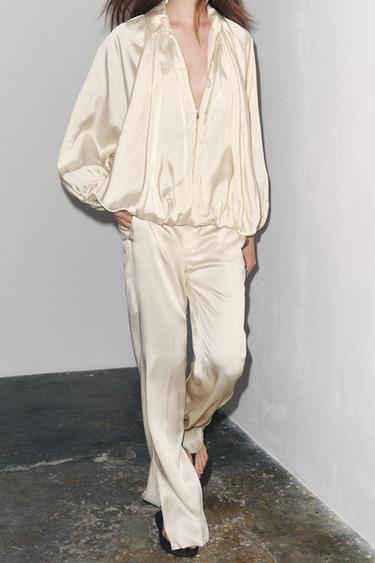 Zara ZW COLLECTION SATIN PANTS WITH VENTS - Ivory