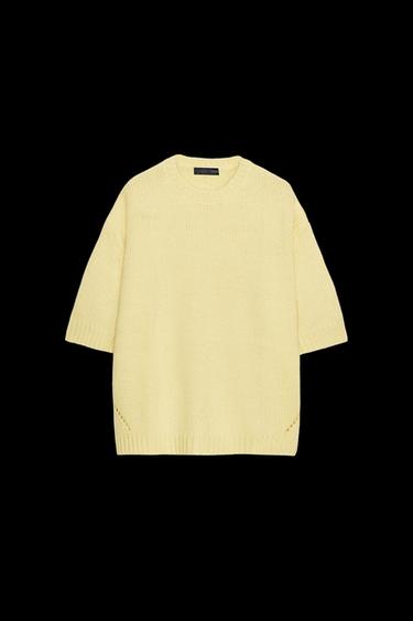 Zara OVERSIZED SHORT SLEEVE KNIT SWEATER - Yellow