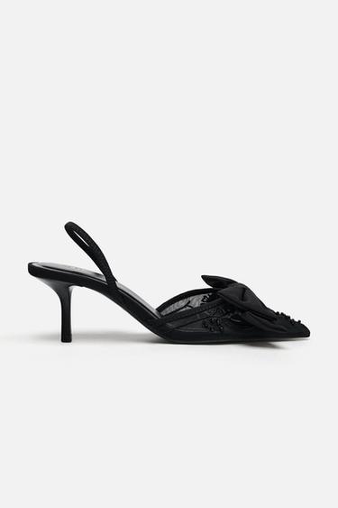 Zara MESH BOW SLINGBACK HEELS - Black