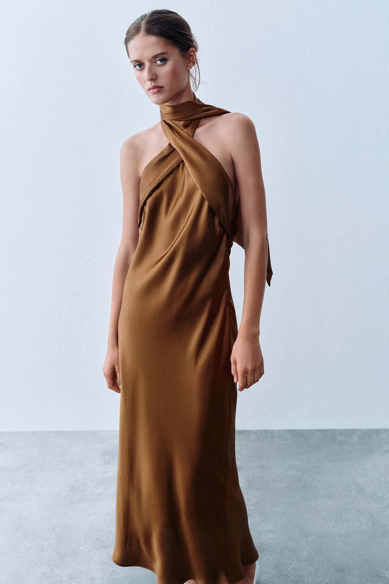 SATIN HALTER MIDI DRESS — Caramel