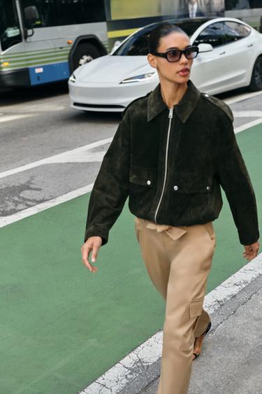 100% SUEDE LEATHER JACKET - Khaki by Zara