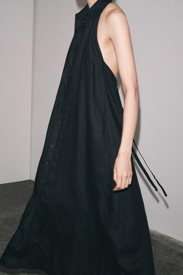 ZW COLLECTION 100% LINEN HALTER DRESS - Black by Zara - Image 1