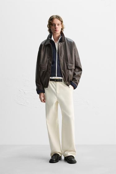 LEATHER EFFECT JACKET WITH POCKETS - Brown by Zara - Image 0