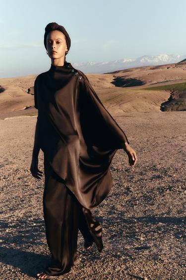 FLOWING SATIN PLEATED TROUSERS - Brown by Zara