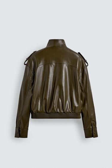 CROPPED FIT FAUX LEATHER JACKET - Olive green by Zara - Image 7