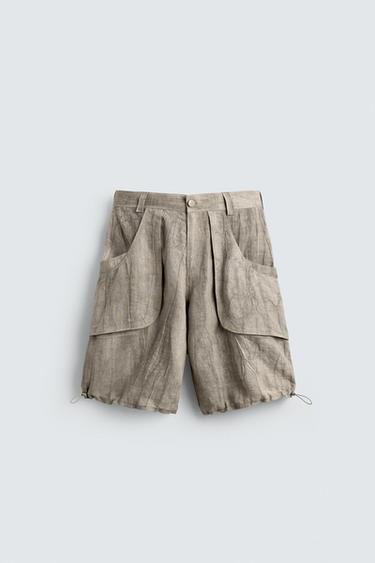 BERMUDA 100% LINO EFECTO ARRUGADO - Khaki oscuro de Zara