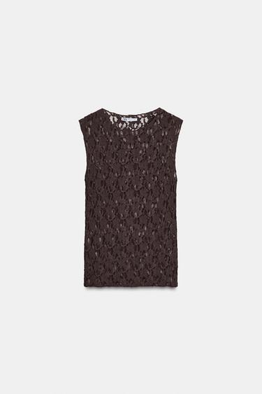 CAMISETA MANGA SISA ENCAJE - Marrón de Zara