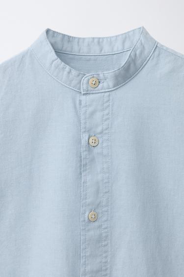 COTTON BLEND AND LINEN STAND COLLAR SHIRT - Sky blue by Zara - Image 2