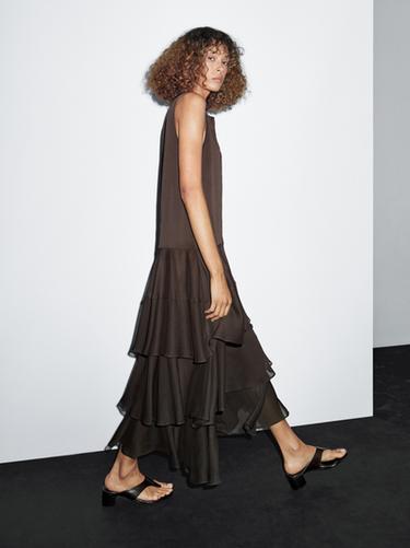 Zara Long flowing dress with ruffles - Chocolate