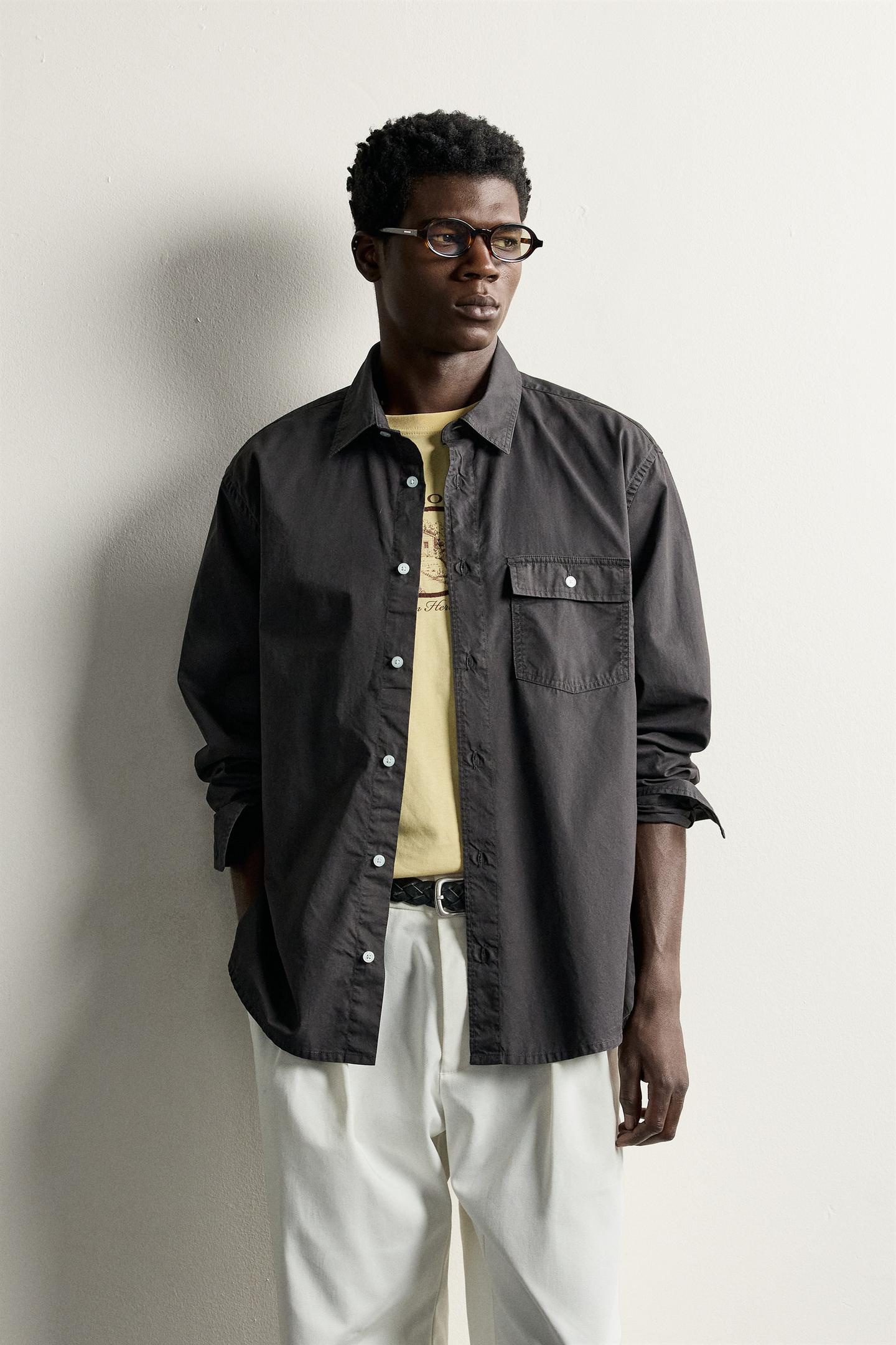 Мужская рубашка Zara Relaxed Fit Pocket, цвет: Тёмный коричневый — фото 2