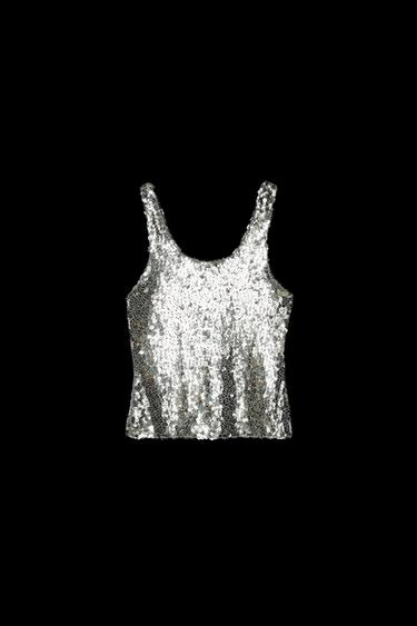 Zara SEQUIN STRAP TOP - Silver
