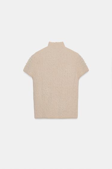 CRINKLE-EFFECT FAUX PEARL KNIT TOP - Beige-pink by Zara - Image 5