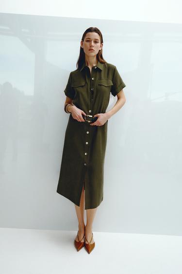 VESTIDO MIDI COM CINTO - Caqui da Zara - Imagem 0