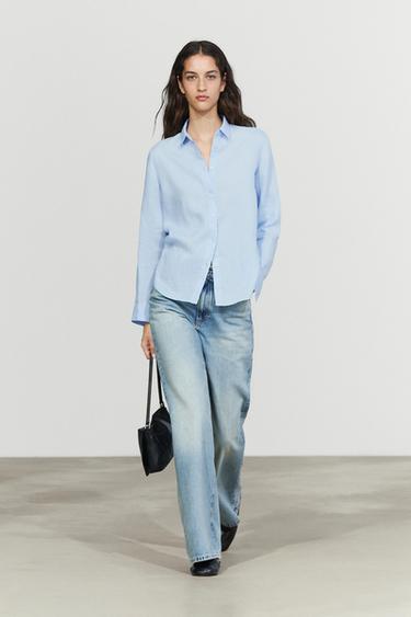Zara Flowing 100% linen shirt - Sky blue - Image 0