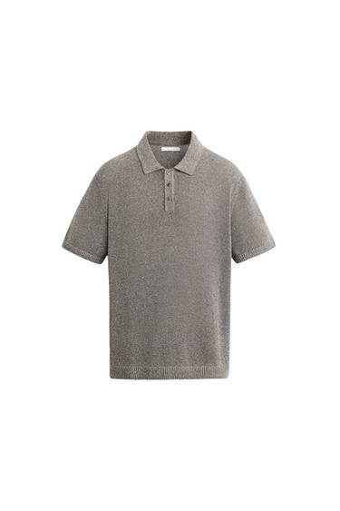 Front view of gray polo shirt with collar and buttons.