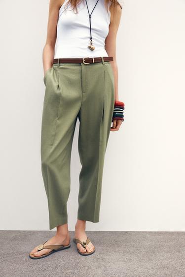 LINEN BELTED STRAIGHT-LEG TROUSERS - Light khaki by Zara