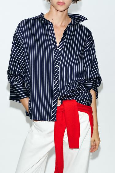 STRIPED PUFF SLEEVE SHIRT - Navy / White by Zara - Image 2